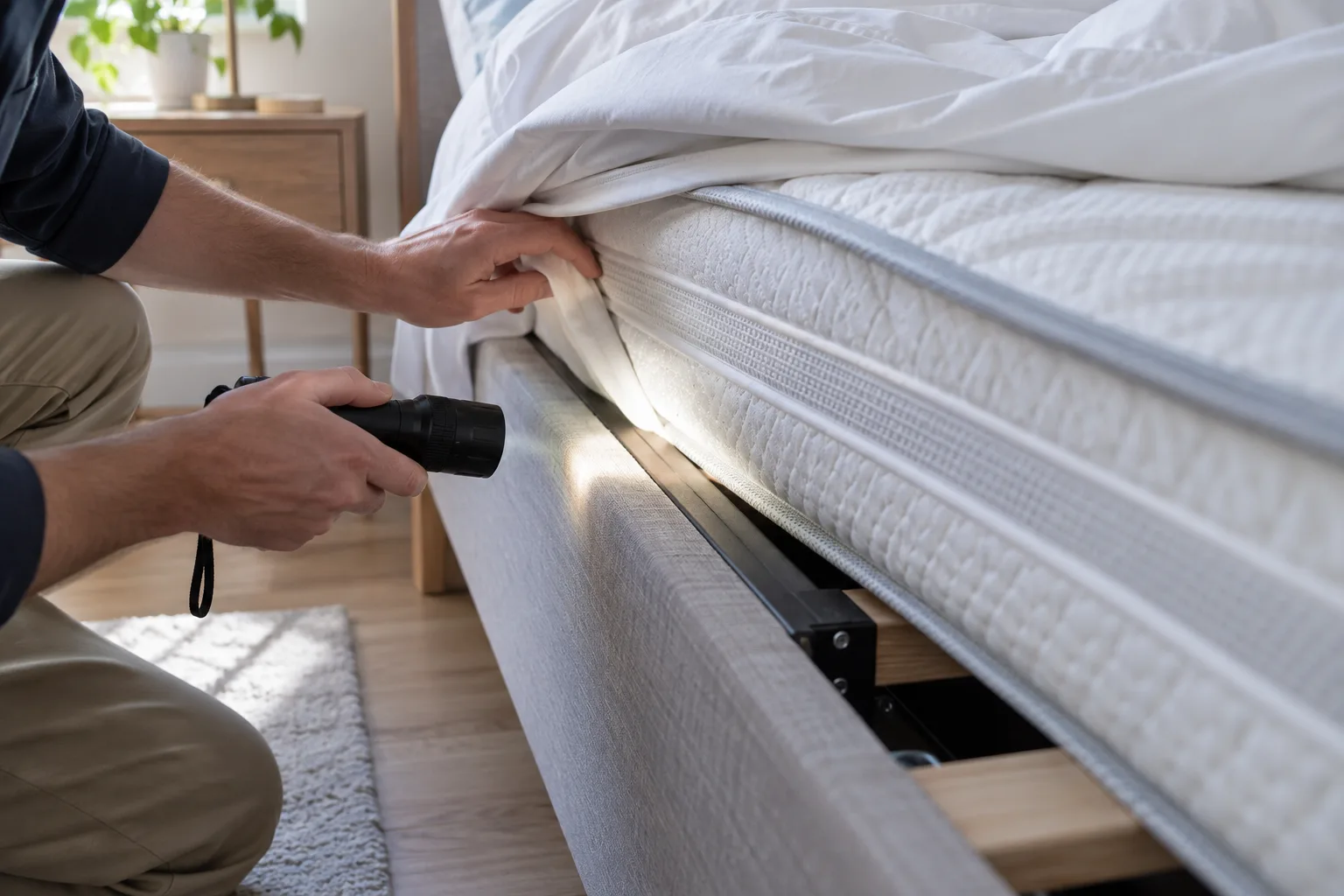 Mattress seam and bed frame prepared for a flashlight inspection