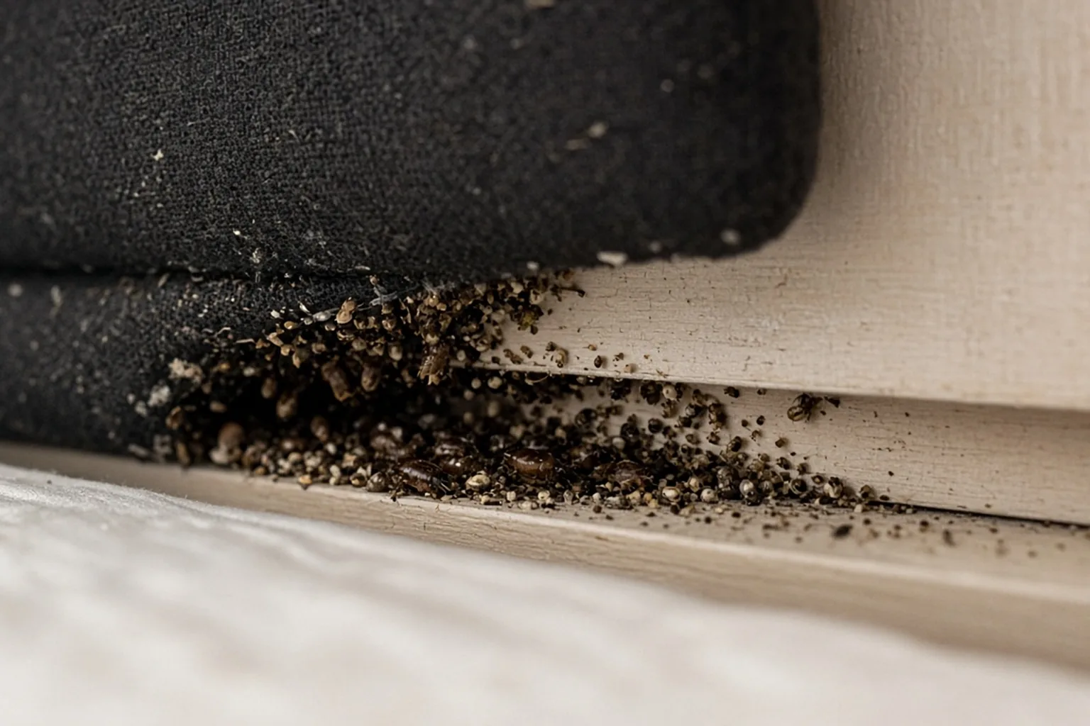 Bed bug harborage along a wooden headboard joint