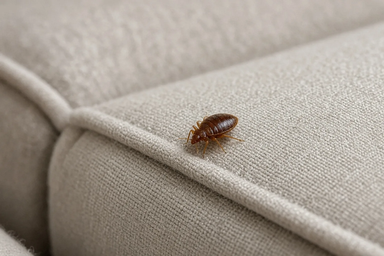Bed bug on a pale fabric sofa seam