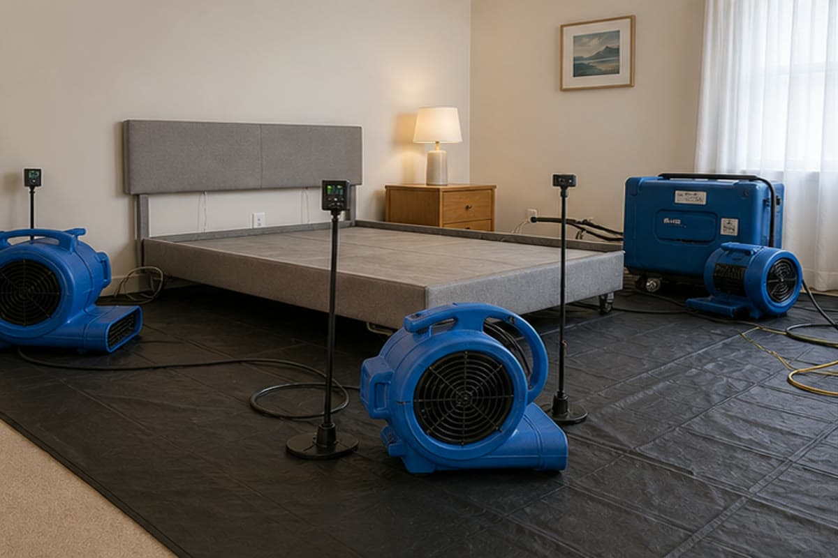 Professional bed bug heat-treatment equipment and temperature sensors in an empty bedroom