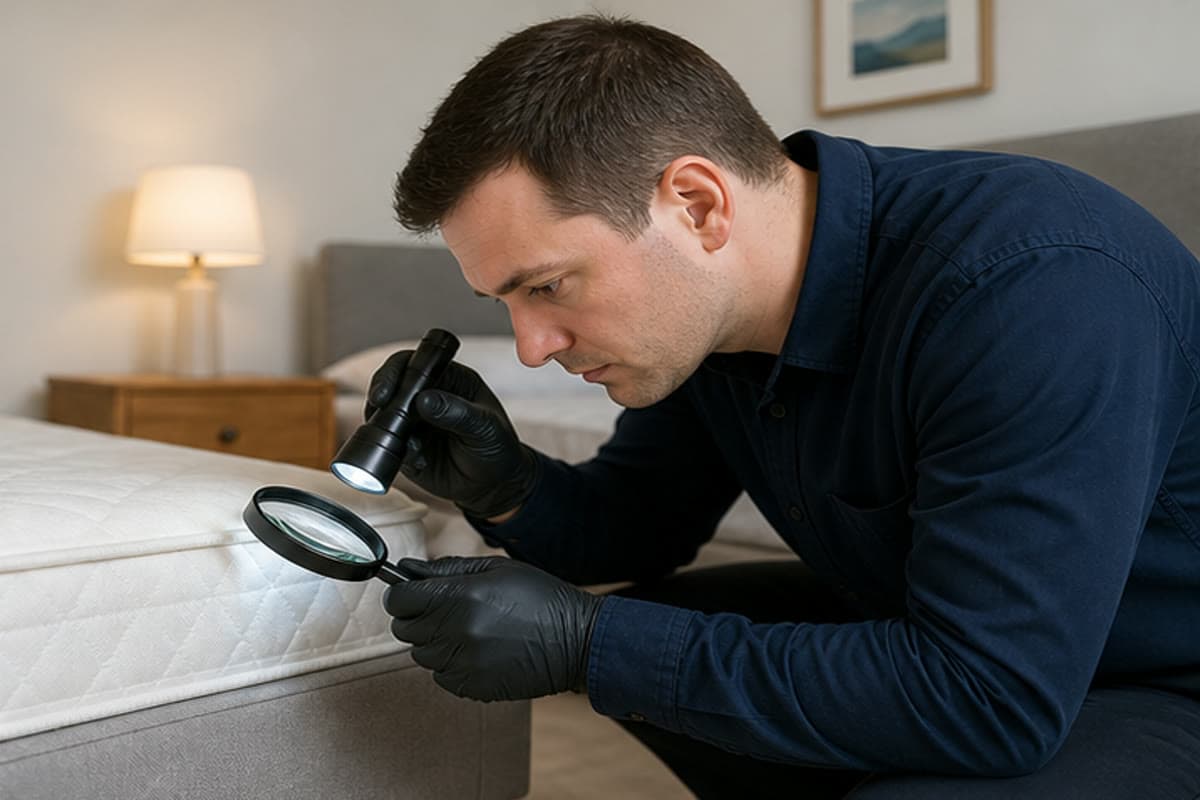 Pest inspector examining mattress seams with a flashlight and magnifier