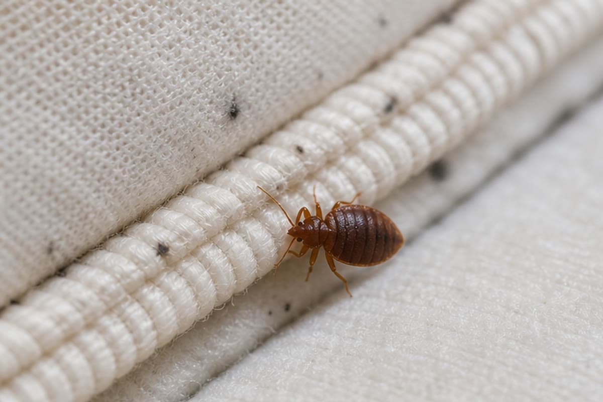 Adult bed bug beside a mattress seam shown at close range